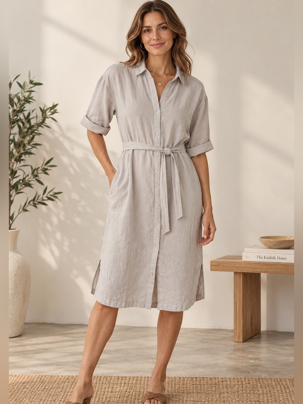 Tahari 100% Linen Shirt Dress XS Beige Belted Button Midi Neutral Minimalist